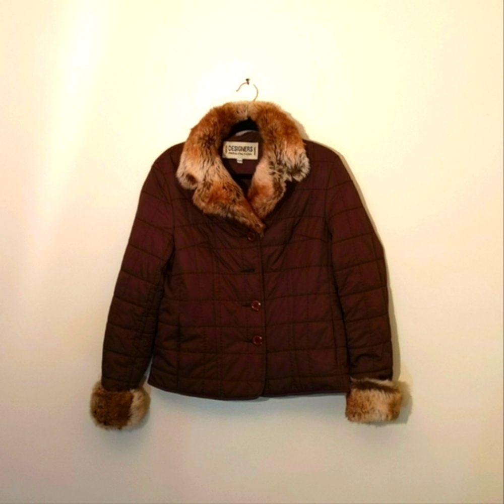 Brown Fall Button Up Jacket With Faux Fur Collar And Cuffs Side Pockets